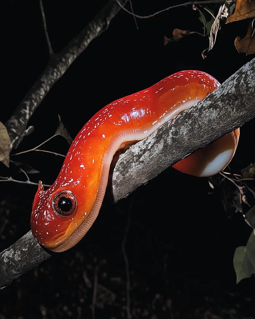 A bright red and orange worm with white spots and a black eye is curled around a dark brown tree branch. The worm is illuminated against a dark background of leaves and branches.  The worm's body is smooth and shiny, and its skin is translucent, revealing the white spots beneath.