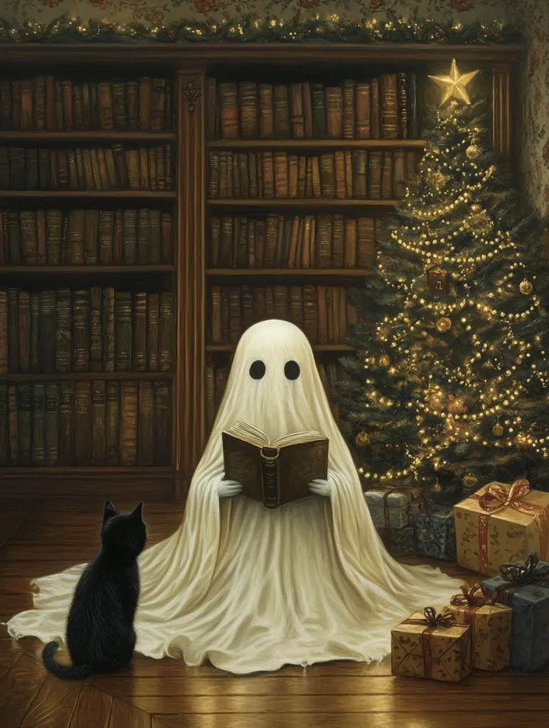 A ghost sits in a library, reading a book.  A black cat sits to their left. A Christmas tree stands to their right, decorated with lights and ornaments.  The library shelves are filled with books.  The room has a warm, cozy, and slightly spooky atmosphere. The scene is likely meant to be a whimsical and festive illustration.