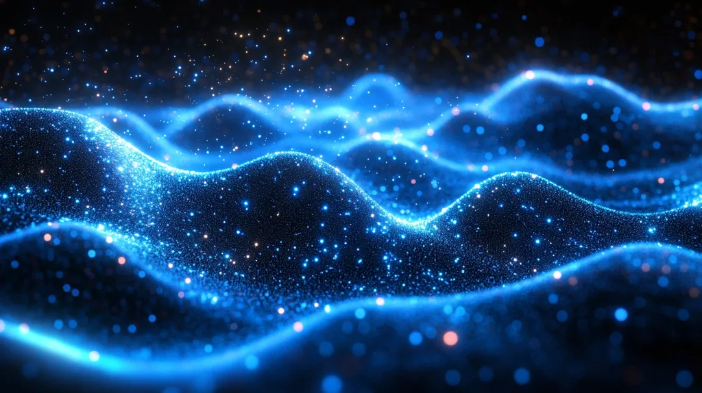 The image depicts a digital abstract background with a shimmering blue and black color palette. The background is made up of countless small particles, which create a sense of depth and movement. The particles are arranged in a wavy pattern, which gives the impression of a flowing liquid or a starry sky. The overall effect is mesmerizing and hypnotic.