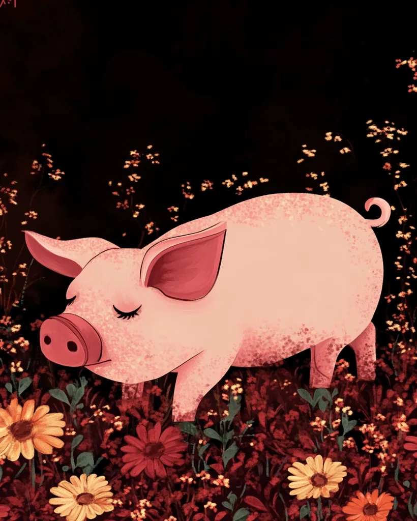 A pink pig stands in a field of red and yellow flowers. The pig has its eyes closed and appears to be sleeping. The background is a dark, almost black, color. The pig is the main focus of the image. The flowers are arranged around the pig. The image is a cute and simple illustration.