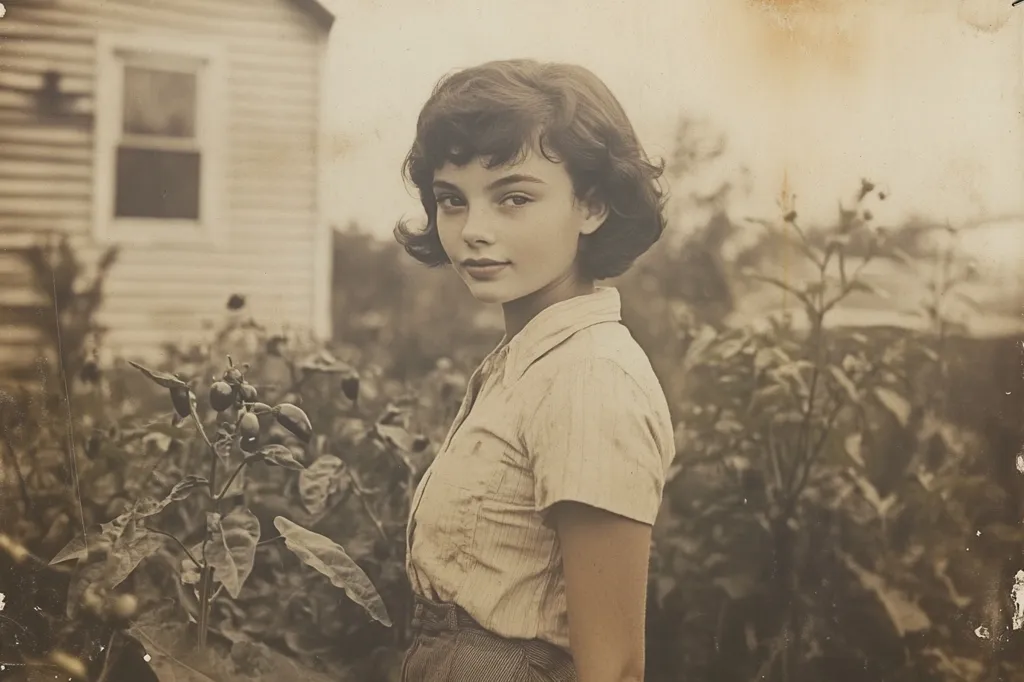 The image is a sepia-toned photograph of a young woman standing in a garden. She is wearing a light-colored button-down shirt and has her hair in a short bob. The woman looks directly at the camera with a serious expression. There are plants and a small house in the background. The photo is slightly faded and has a vintage feel.