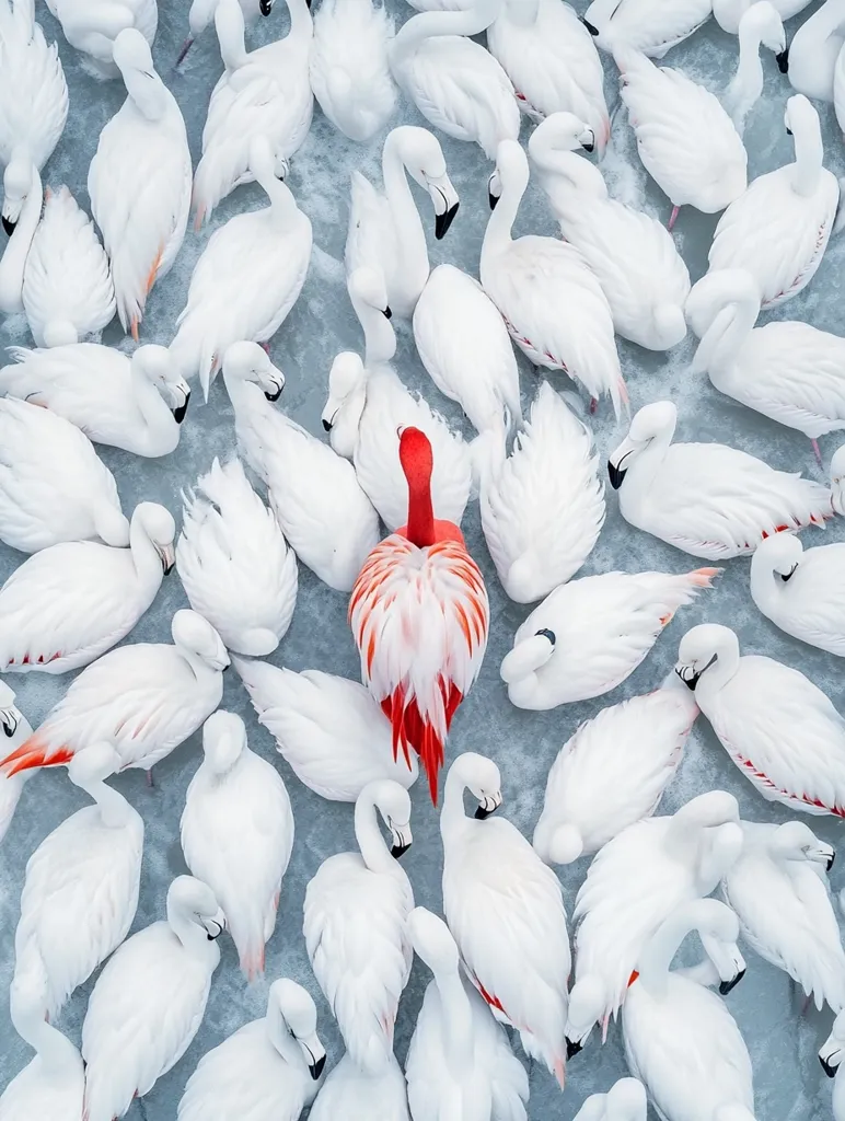 A lone pink flamingo stands out among a flock of white flamingos. They are all huddled together, creating a striking contrast of color. The white flamingos are mostly facing away from the viewer, while the pink flamingo is facing directly towards us, its head tilted slightly to the side. The background appears to be ice or snow, creating a serene and almost surreal atmosphere.