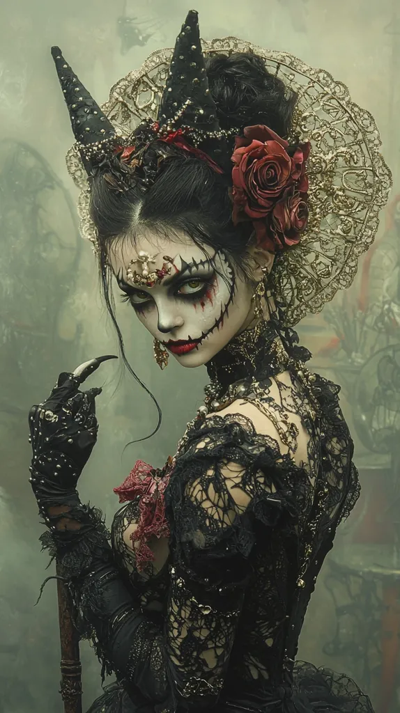 A woman with dark, elaborate hair and a skull-like makeup design wears a black, lace dress with a red rose behind her ear. Her headdress has horns that are adorned with gems and feathers. The background is a muted green with a blurry appearance. The woman's expression is serious and her eyes are focused. She appears to be a mystical and dark character.  The image suggests a gothic or fantasy theme.