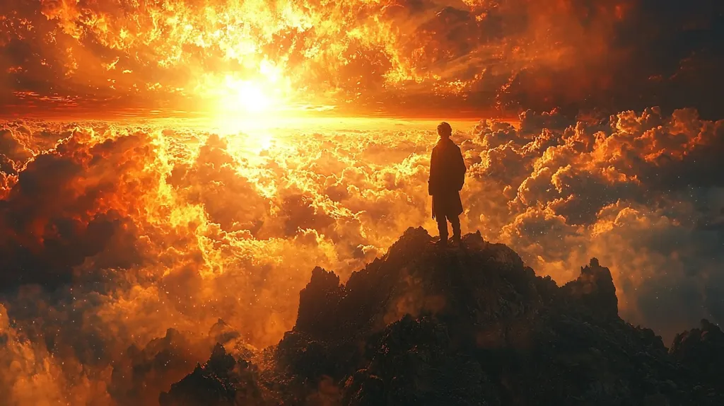 A solitary figure stands on a mountain peak, silhouetted against a vibrant, fiery sunset. The sky is awash in warm hues of orange and yellow, with clouds resembling flames reaching towards a blinding sun. The scene evokes a sense of awe and wonder, as if the viewer is witnessing a celestial spectacle. The figure's small size emphasizes the vastness of the sky and the power of nature.