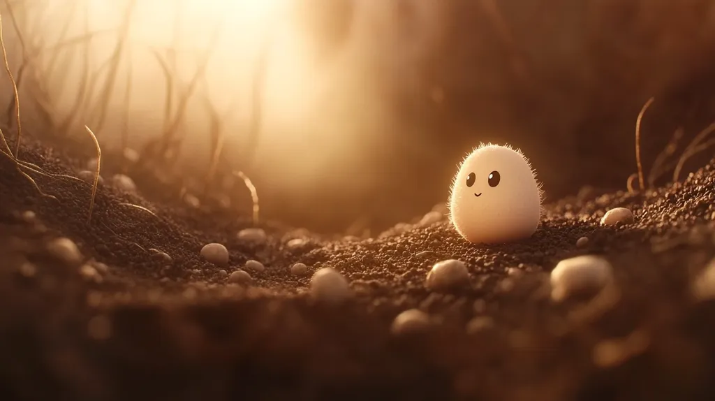 A fuzzy, white creature with a smiling face sits on the ground.  The creature is surrounded by small, white pebbles and brown dirt.  The background is a blurred golden light, likely from the setting sun.  The overall feeling is peaceful and joyful.