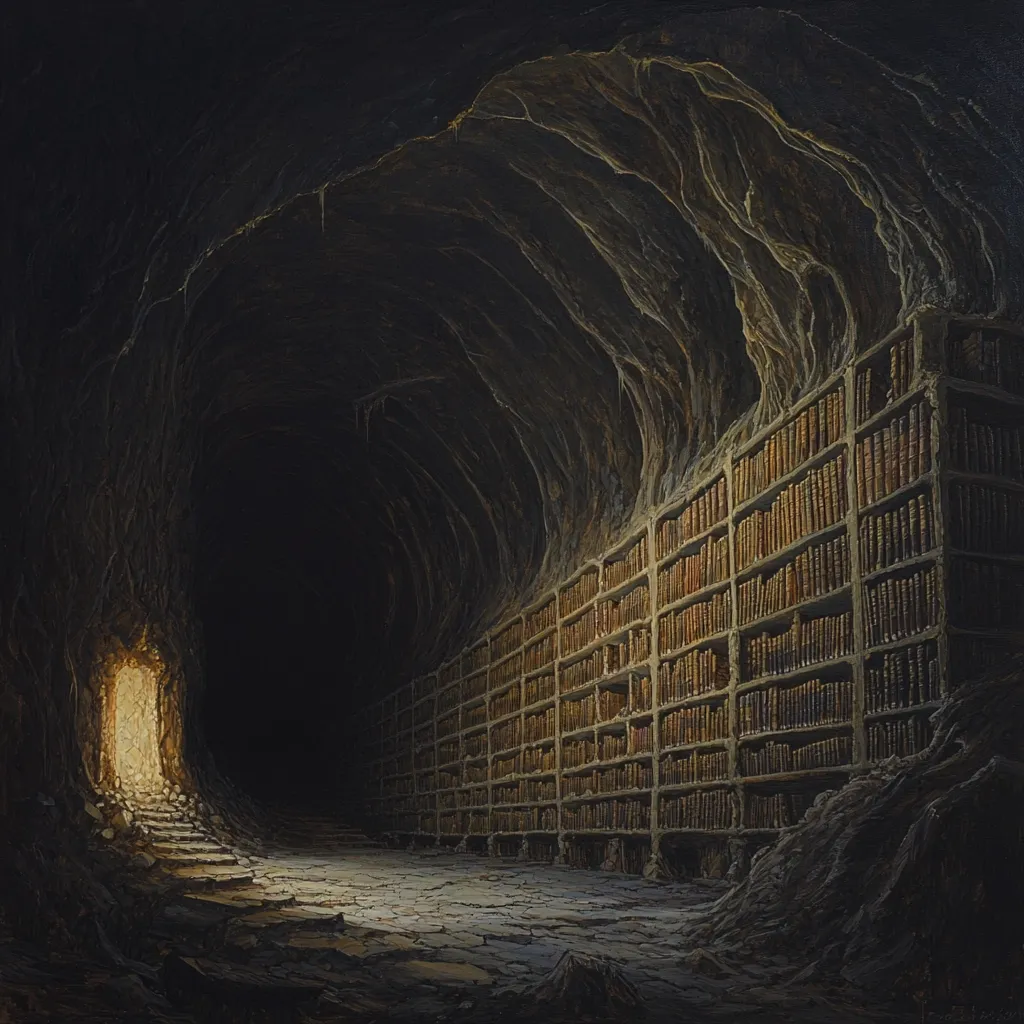 The image depicts a dimly lit cavern, lined with bookshelves filled with countless volumes. A narrow path leads into the darkness, illuminated by a faint light at the end of the tunnel. The cavern's ceiling is a natural arch, with rock formations hanging down. The scene evokes a sense of mystery and intrigue, suggesting a hidden library within a secret world. The image's muted tones contribute to a feeling of solitude and contemplation.