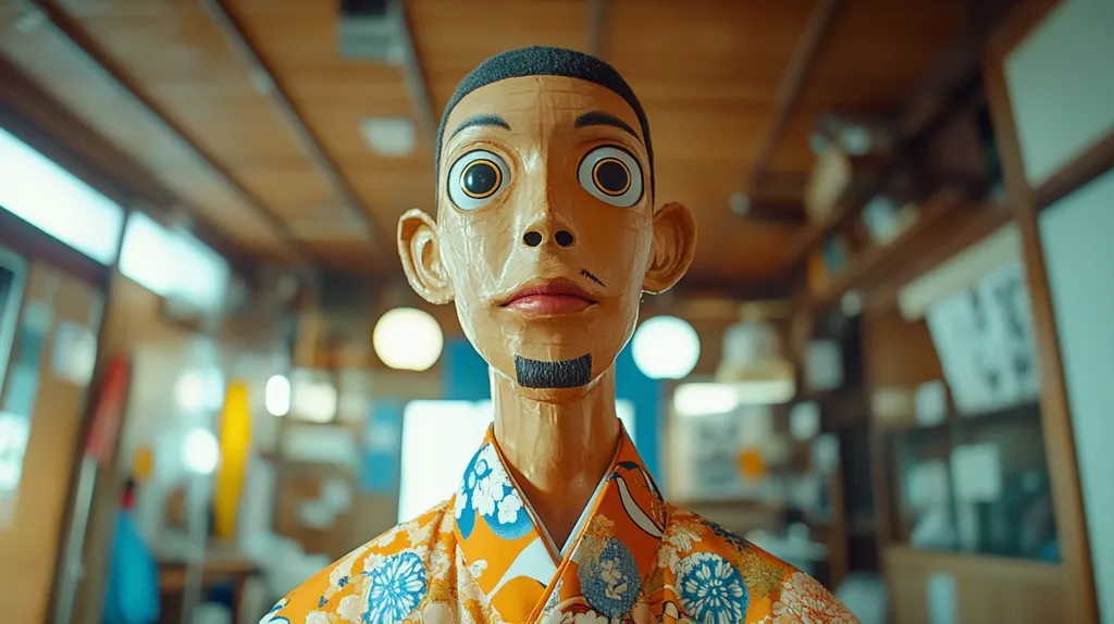 A close-up shot of a wooden doll with exaggerated features, wearing a colorful kimono. The doll has large eyes, a long neck, and a goatee. The background is blurred, showcasing a traditional Japanese interior with wooden beams and shelves. The image captures a unique and whimsical aesthetic.