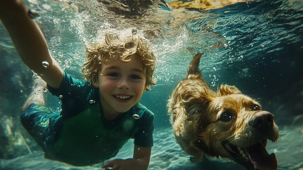 A young boy with blonde hair is submerged in a pool of water.  He is wearing a green shirt and shorts, and he is smiling at the camera.  A golden retriever dog is swimming in the water behind him, with its mouth open and tongue out.  There are bubbles in the water around them.  The boy and the dog are enjoying their time in the pool together.
