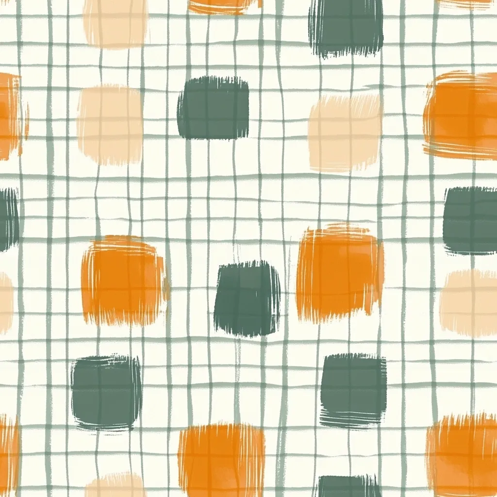 The image is a repeating pattern of squares in various shades of orange, green, and peach. The squares are arranged on a white background, and the pattern is created by layering the squares on top of each other. The image has a retro feel, and the squares are painted in a rough, textured style.