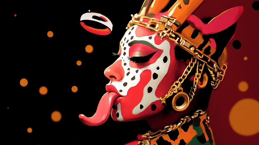 The image depicts a woman with red, white, and black face paint, wearing a crown of gold chains and a leopard-print garment. Her tongue is extended out of her mouth and she has a mischievous, almost seductive expression on her face. The background is a dark red with orange circles, giving the image a sense of mystery and intrigue. The overall style of the image is artistic and vibrant, with bold colors and intricate details.