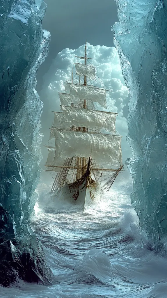 A large, white-sailed ship navigates through a turbulent sea. The ship appears to be sailing between two massive ice formations. The water is choppy and filled with whitecaps. The sky is overcast with white clouds. The ship's sails are billowing in the wind and its hull is visible in the foreground. The ship looks majestic and powerful as it confronts the elements.  The image is reminiscent of an epic seafaring adventure.