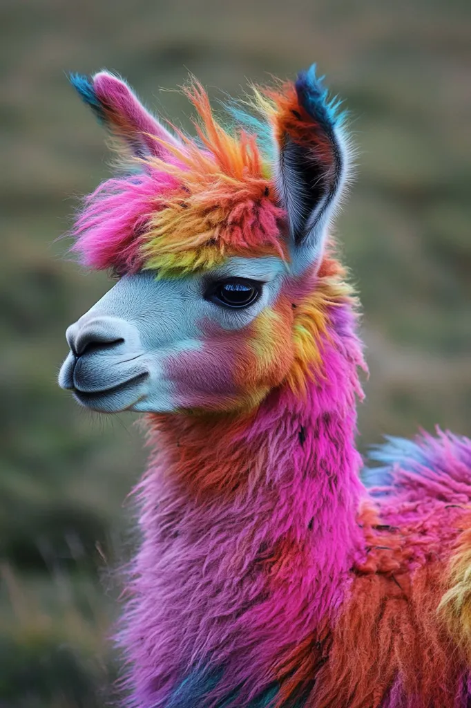 A close-up of a llama's head with colorful fur. The llama's fur is a mix of pink, orange, yellow, blue, and green. The llama has a serious expression and is looking to the left of the frame. The background is blurry and out of focus. The photo captures the unique beauty of this animal and the vibrant colors that adorn its coat.