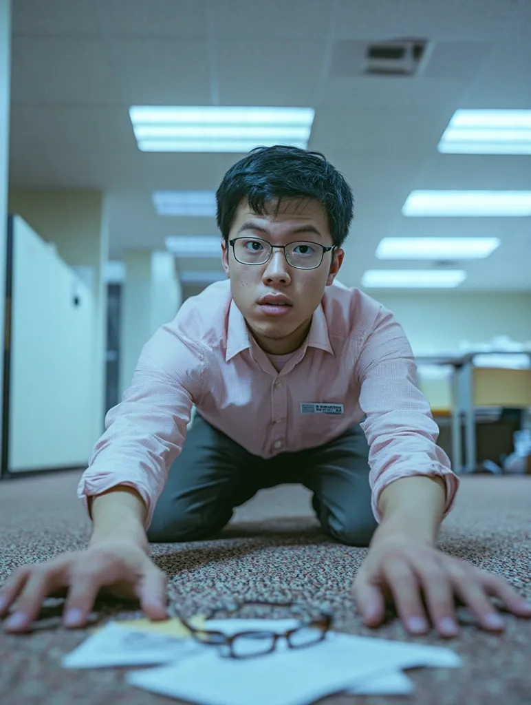 A young man in a pink button-down shirt and glasses kneels on a carpeted floor, reaching out with his hands. His face is framed by his dark hair, and he appears to be looking at something in the distance. The image has a cool, blue tone, and the lighting is soft and diffused. The setting appears to be a professional office environment. The man's posture suggests a sense of urgency or distress.