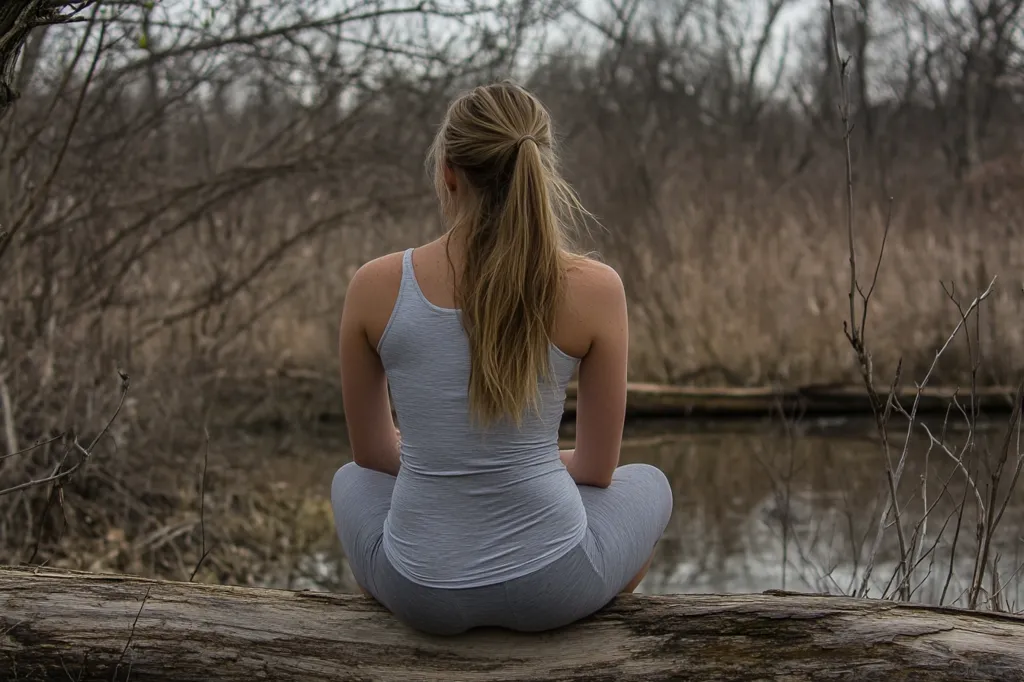 A young woman with long blonde hair sits on a fallen log by a river, her back to the camera. She is wearing a gray tank top and matching leggings.  The background is a blur of bare trees and a calm, reflective river.  Her pose and the peaceful setting evoke a sense of tranquility and contemplation.  The scene is captured in a soft, natural light.