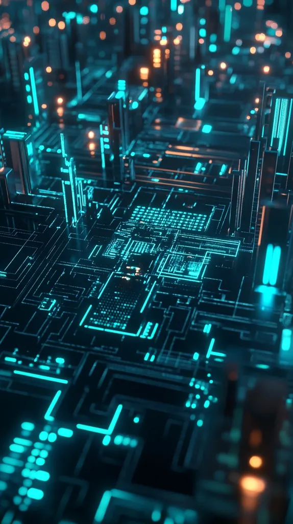 The image is a close-up of a futuristic circuit board. It is made of a dark material with bright turquoise lines and dots that resemble a digital network. The image is lit by warm orange light and some blurred light sources behind the circuit board. The image has a sense of depth and complexity, suggesting a sophisticated system.