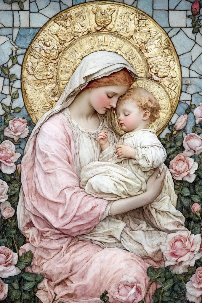 The image depicts a woman, likely the Virgin Mary, holding a baby, possibly Jesus, in her arms. She is wearing a long, pink robe, and the baby is wrapped in a white cloth. They are surrounded by roses, and there is a golden halo above the woman's head. The scene is painted in a realistic style and evokes a sense of peace and serenity. The image may represent a religious scene of the Virgin Mary with the baby Jesus.
