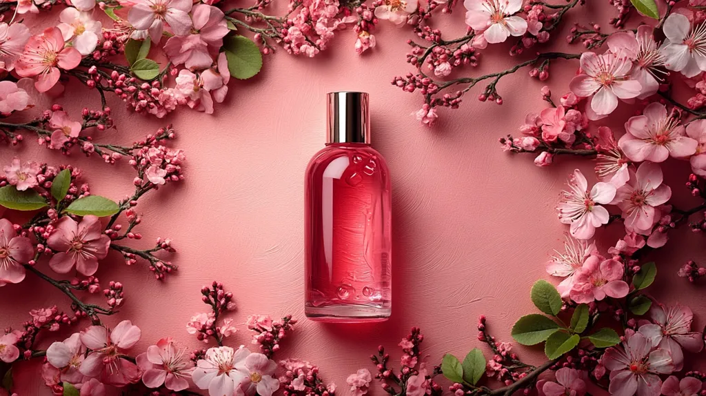 A bottle of pink perfume sits on a pink surface surrounded by a border of delicate pink blossoms and green leaves. The floral arrangement creates a beautiful and feminine backdrop for the perfume bottle, emphasizing its delicate and fragrant nature.  The image evokes a sense of springtime and romance.