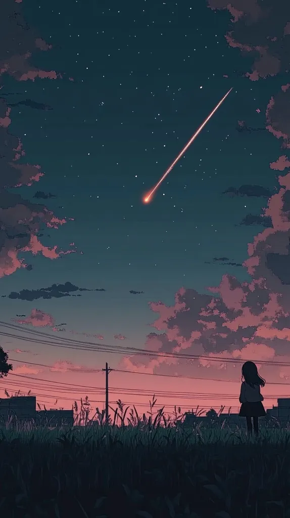 The image depicts a solitary figure standing in a field of tall grass under a twilight sky. A single shooting star streaks across the night sky, leaving a trail of light. The clouds are tinged with pink and orange, hinting at the fading light of sunset. The scene evokes a sense of tranquility and introspection.