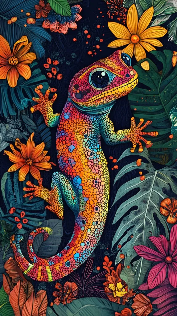 A vibrant, colorful gecko with rainbow scales is perched on a tropical leaf.  The gecko's large, expressive eyes stare out from the center of the image, surrounded by an array of lush, green foliage and vibrant, multi-colored flowers. The background is dark, creating a dramatic contrast with the gecko and its surroundings.  The intricate details of the gecko's scales, the leaves, and the flowers create a stunning visual tapestry.