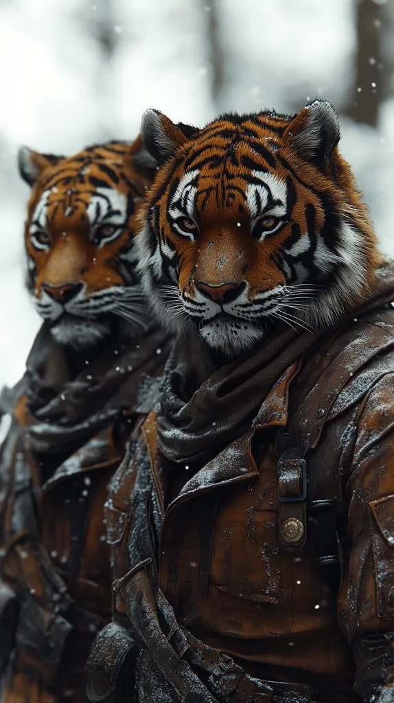 Two tigers, one in the foreground and one in the background, are dressed in military-style jackets. The tiger in the foreground is looking directly at the viewer with an intense stare. Both tigers appear to be covered in snow, suggesting a cold and snowy environment. The image has a dark and gritty aesthetic, making it look like something out of a post-apocalyptic world.
