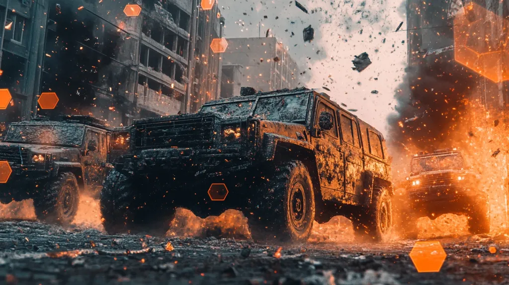 Two large military vehicles drive through a war-torn city, surrounded by smoke and debris. The vehicles are covered in mud and dust, and the air is thick with the smell of smoke. The city in the background is on fire, and there are buildings collapsing and debris falling from the sky. The scene is chaotic and dangerous.
