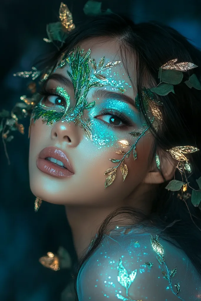 A young woman with ethereal, otherworldly makeup inspired by mystical forest spirits. Her face is adorned with intricate, gold leaf patterns that catch the light, reflecting a soft, magical glow. Delicate vine motifs wind across her cheeks and forehead, designed with fine detailing and extending towards her temples. The makeup features shimmering green and teal hues that blend seamlessly, with hints of iridescent highlights that shimmer under the light, evoking the essence of enchanted woods. Her eyes are highlighted with a mesmerizing mix of dark mossy green eyeshadow, accentuated by sparkling silver highlights at the inner corners and outer edges, giving her gaze a mystical allure. Her eyelashes are elongated, giving a natural yet dramatic effect, with hints of glitter sprinkled at the tips. Her lips feature an iridescent purple-blue gradient, shifting colors as they catch the light, reminiscent of the delicate wings of a dragonfly. Her skin has a dewy, luminous finish, enhancing the ethereal feel, as if she were illuminated by moonlight filtering through the forest canopy. Small, glowing mushrooms emerge delicately along her hairline, and tiny luminescent butterflies hover near her, adding a magical, fairytale touch. Her hair is long and flowing, decorated with leaves, tiny blossoms, and subtle glowing strands that resemble the bioluminescence of a mystical forest. The atmosphere around her is dreamlike, with soft mist and scattered light beams, giving an impression of being deep in an enchanted woodland, surrounded by an aura of enchantment and mystery. The overall look evokes an enchanting and mysterious woodland aesthetic, embodying the spirit of a forest nymph or an otherworldly guardian of nature --ar 2:3 --v 6.1