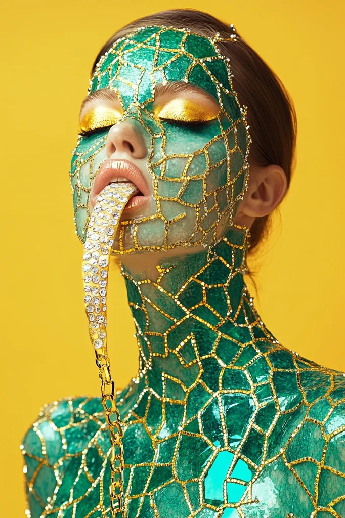 A woman with a green and gold mosaic pattern covering her face and body. She is looking down with her eyes closed and her mouth open, as if she is tasting something.  A golden chain with sparkling rhinestones is attached to her tongue and hangs down her chest. The background is a bright yellow.  The image has a surreal and slightly unsettling quality.