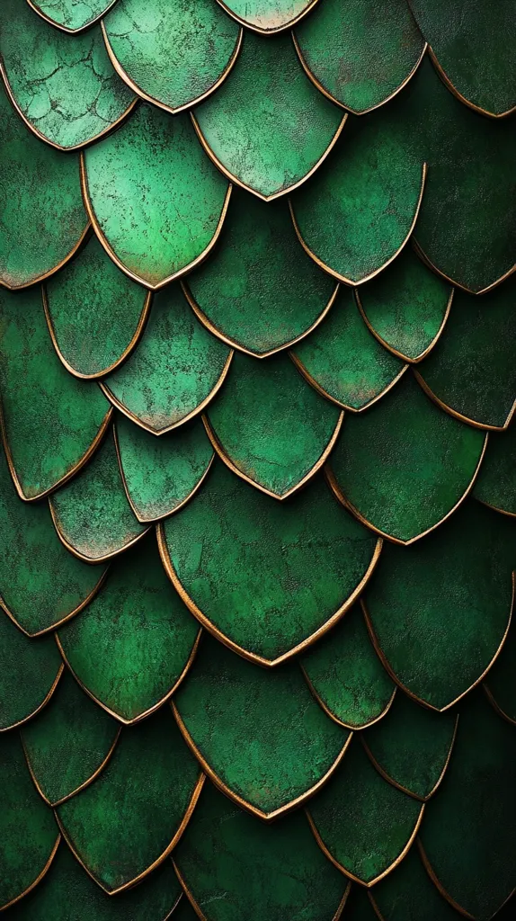 The image shows a close-up of a textured green surface with a pattern resembling scales. The scales are outlined in a thin, gold line, creating a visually appealing contrast. The surface is textured, suggesting it is made of a material like metal or leather. The image evokes a sense of protection, strength, and perhaps even a mythical creature.
