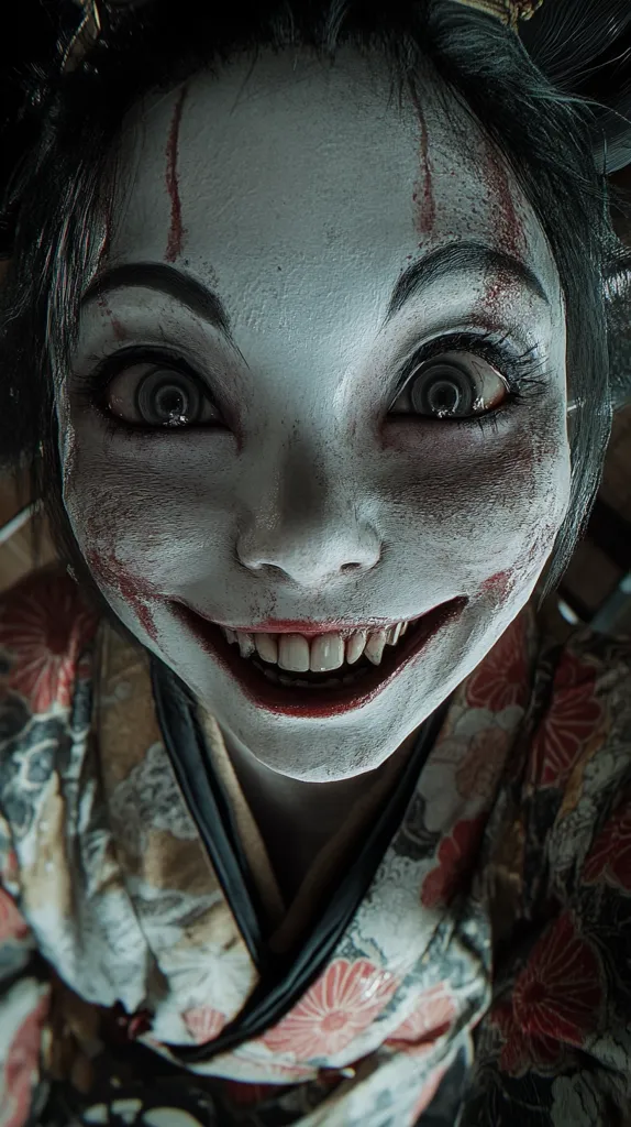 A woman with pale skin and wide, dark eyes stares directly at the viewer with a disturbing smile. Her face is streaked with blood and her lips are painted a bright red. She is dressed in a traditional Japanese kimono with floral patterns. The image has a dark and eerie atmosphere.