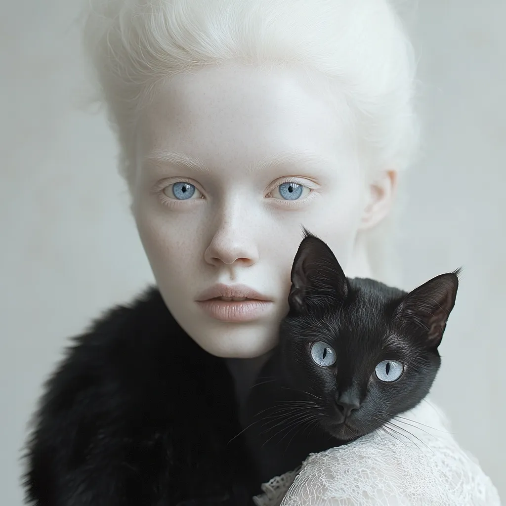 A young woman with pale skin and white hair is shown with a black cat. She is wearing a white lace dress with a black fur collar. She is looking at the camera while holding the cat on her shoulder. The cat’s bright blue eyes stand out against its black fur. The image is soft and ethereal, with a focus on the woman’s beauty and the cat’s sleekness.