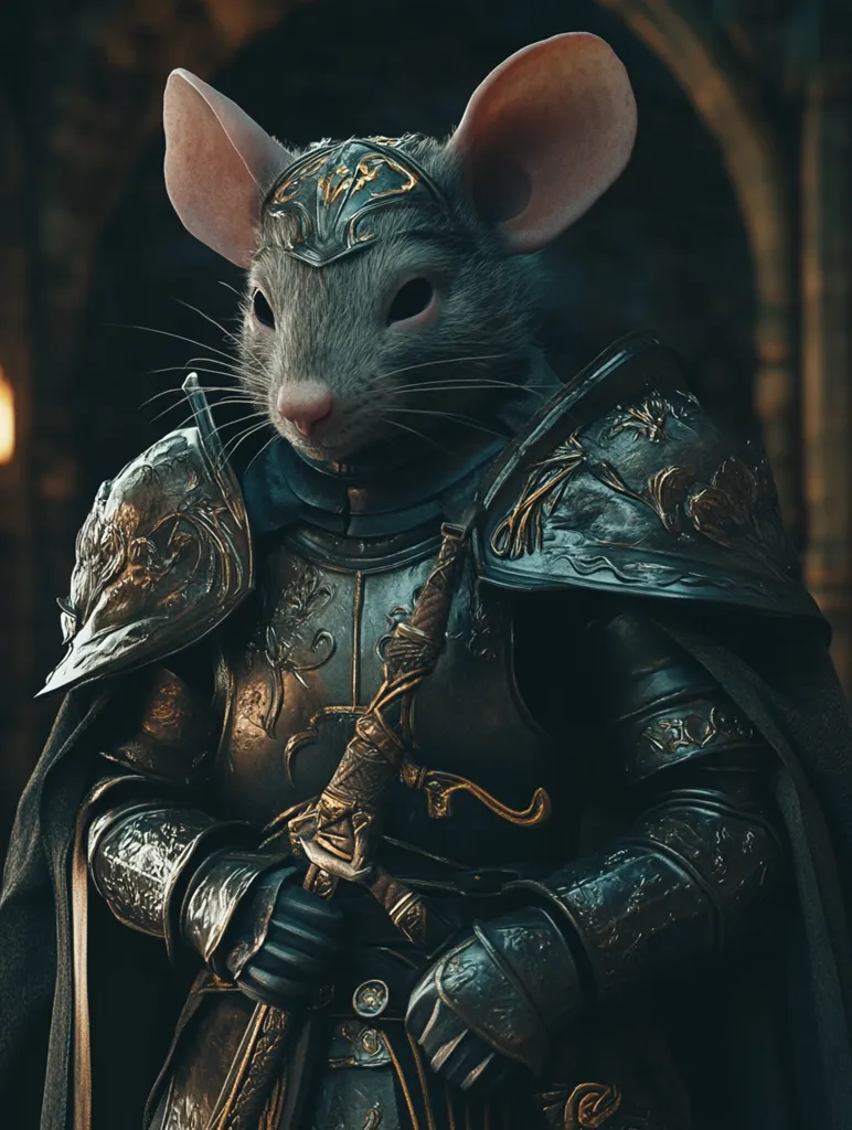 A grey mouse with large ears, wearing a helmet with a gold crest, is clad in ornate black armor with gold detailing. He is holding a sword in his gloved hands and looks like a brave warrior. The image has a dark, medieval aesthetic.