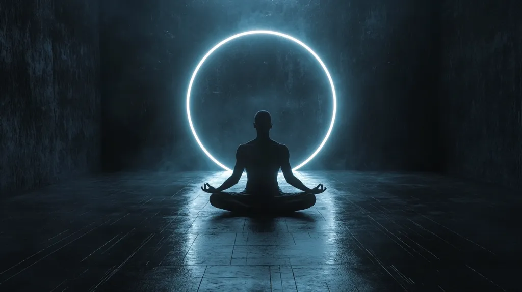 A solitary figure sits in a meditative pose in the center of a dark room.  A large, glowing neon circle hovers above the person, casting a ethereal light on the scene.  The figure's silhouette is stark against the dark background, conveying a sense of calm and inner peace. The image evokes a sense of introspection and spiritual awakening.