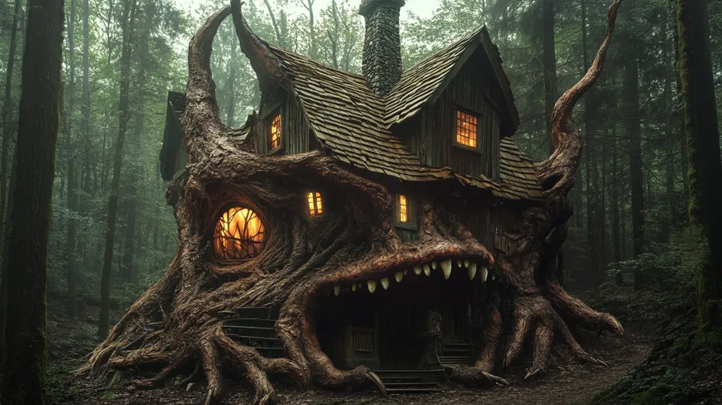 A wooden house with a chimney and a roof of wooden shingles is nestled within the gnarled branches of a large tree in a misty forest. The tree's roots form a menacing mouth with sharp teeth, while windows glow with warm light. The scene evokes a sense of mystery and fairytale enchantment.