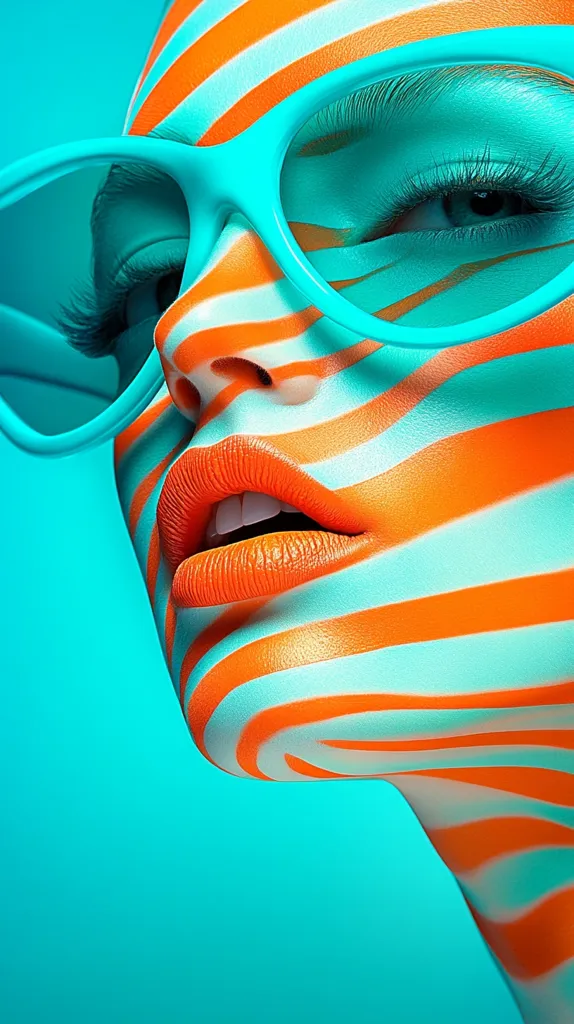 The image shows a close-up of a woman's face. She has bright orange and blue stripes painted across her face, and she is wearing large, blue, retro sunglasses. Her lips are painted a bright orange. The background is a solid turquoise blue. The image is bold and colorful.
