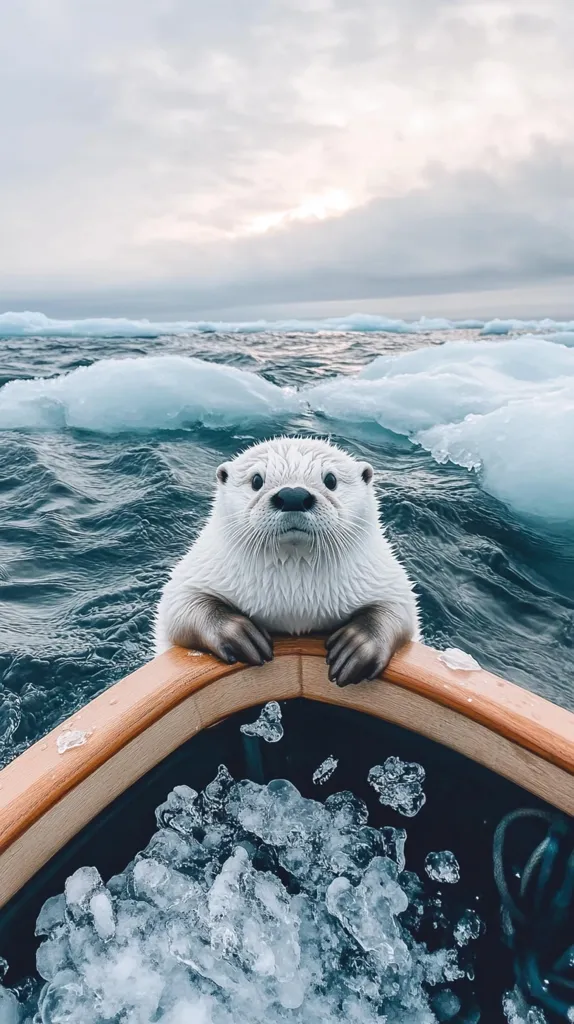 A white sea otter with dark eyes peers out from a wooden boat. The otter is resting its front paws on the edge of the boat, looking directly at the camera. The boat is surrounded by blue water and white ice floes. The background features a cloudy sky with a slight hint of orange from the setting sun. The overall tone of the image is serene and peaceful.