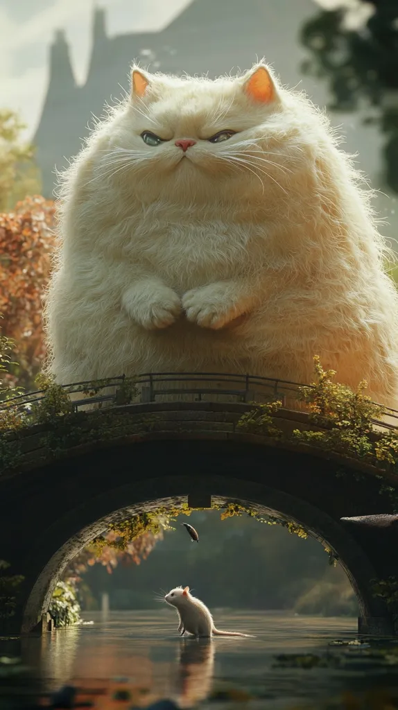 A giant, fluffy white cat sits on a bridge overlooking a small, calm river. A small, white mouse stands in the water below, looking up at the cat. The scene is surreal and whimsical, with a fairytale-like quality. The cat's size and demeanor suggest power and dominance, while the mouse's small size and posture conveys vulnerability and awe. The bridge and the water are both beautifully rendered, adding to the magical atmosphere of the scene.