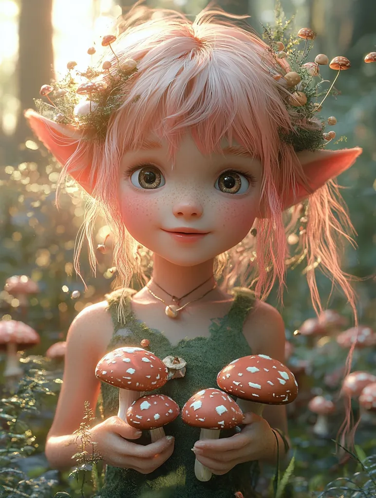 A young girl with large, brown eyes and pointed ears, dressed in green and adorned with a crown of mushrooms and foliage, holds four red and white spotted mushrooms in her hands. She is surrounded by a lush green forest, with soft light filtering through the trees. The image is a whimsical depiction of a fairy-like creature in a magical setting.
