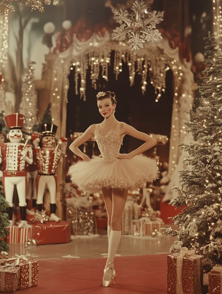 A ballerina in a white tutu and pointe shoes stands in a festive setting, adorned with Christmas decorations and a large, sparkling snowflake. Two nutcracker soldiers stand in the background, while a Christmas tree with glittering lights adds to the magical ambiance. The scene evokes a whimsical and enchanting Christmas spirit.