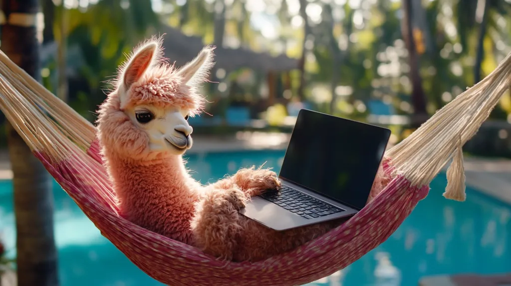 A fluffy alpaca, wearing a relaxed expression, sits in a hammock with a laptop resting on its lap. The hammock is strung between two trees, and the alpaca's surroundings suggest a tropical paradise, likely near a pool. The alpaca's nonchalant posture and the peaceful setting suggest a carefree and enjoyable moment.