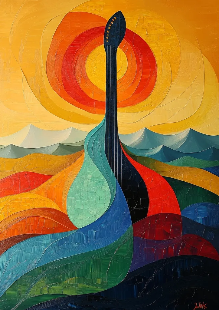 The painting is an abstract piece featuring a black guitar neck as the central focal point, set against a vibrant backdrop of layered, curved shapes in various colors. The background features a swirling sunset in shades of yellow, orange, and red, while the foreground showcases a landscape of blue, green, and red shapes. The composition is reminiscent of rolling hills and mountains, creating a sense of depth and movement. The bold colors and abstract forms evoke a sense of energy and dynamism.