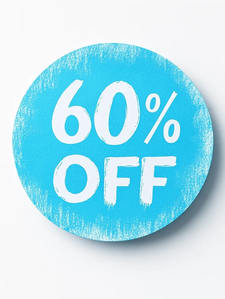 The image shows a circular blue tag with the words "60% OFF" written in white paint. The text is in a bold, brush-stroke font. The tag has a rough, textured surface, giving it a hand-crafted appearance. It is isolated against a white background. The tag is likely intended to be used for advertising a sale or discount.