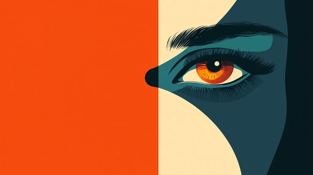 The image is a close-up of a woman's eye. It is drawn in a bold, graphic style, with a bright orange iris and long, dark eyelashes. The eye is set against a background of contrasting colors, a vibrant orange on one side and a deep blue on the other, creating a sense of intrigue and mystery. The image is visually striking and draws the viewer's attention to the intensity of the woman's gaze.