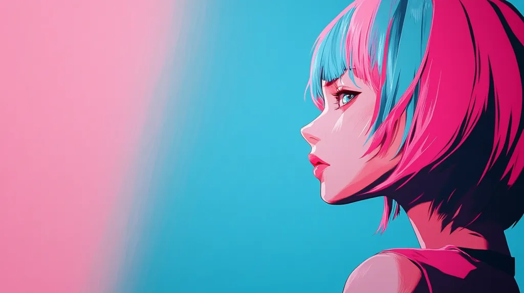 A close-up portrait of an anime girl with pink and blue hair looking to the right. The background is a gradient of pink and blue. Her expression is serious, with a hint of sadness in her eyes.  The image is rendered in a stylized, almost cartoon-like fashion.  The use of bright colors creates a striking visual contrast.