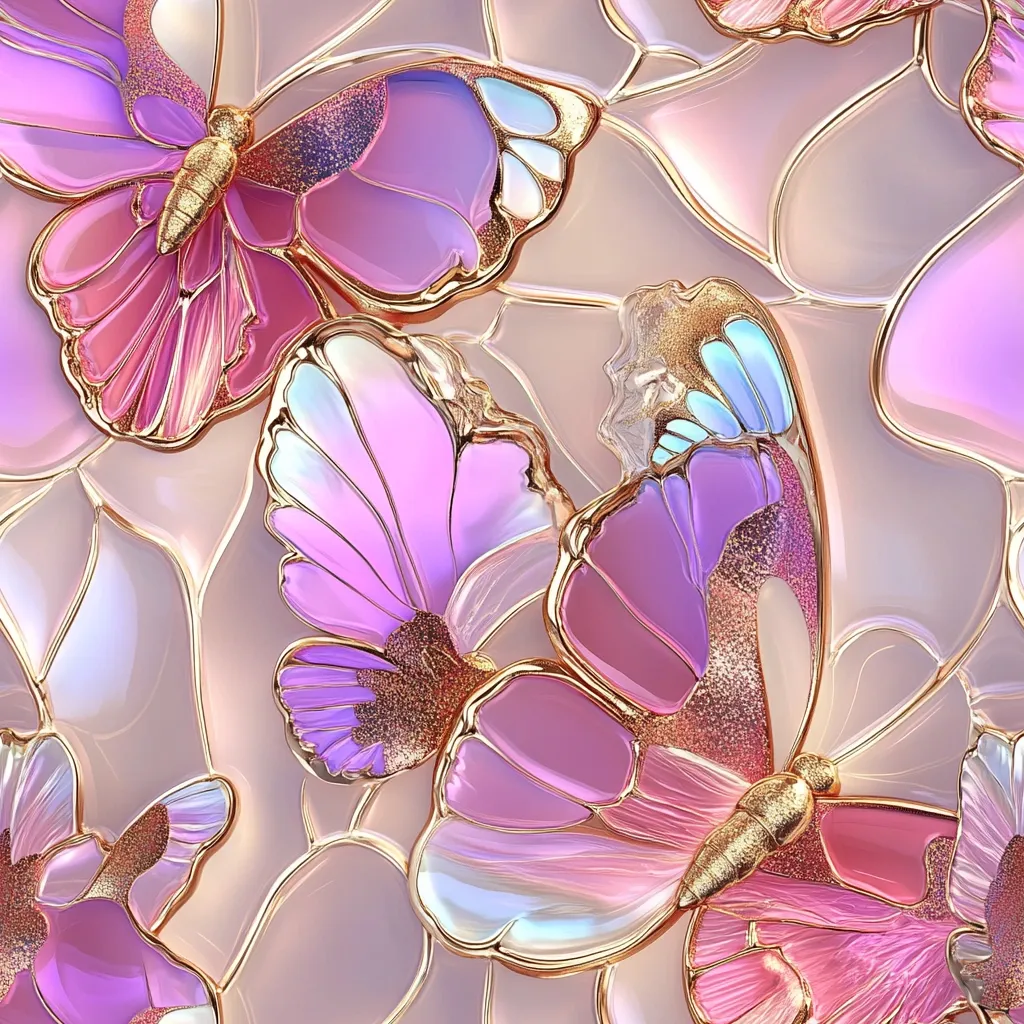 The image features three intricately designed butterflies on a pearly white background. Their wings are a delicate blend of pink and purple, with shimmering gold outlines and accents. The butterflies are positioned at different angles, creating a dynamic and visually engaging composition. The overall effect is one of elegance and sophistication.
