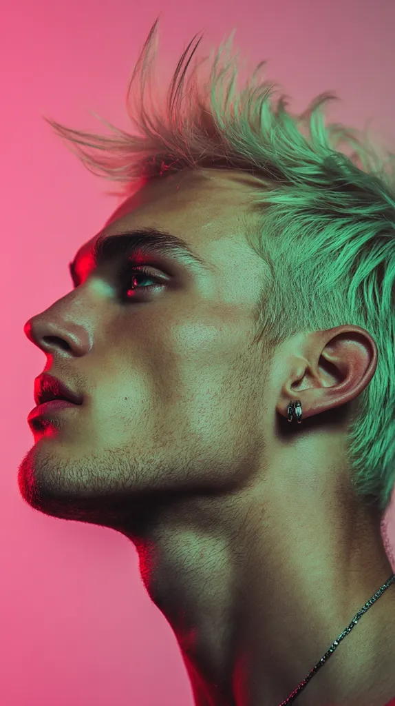 A young man with blonde hair styled into a spiky look is shown in profile. The light shines on the side of his face and throws a red glow on the background. He is wearing an earring in his left ear and a silver chain necklace. His face has a soft, almost ethereal quality. The photo is likely a portrait as it focuses on the subject's face and the details of their features. The subject's expression is calm and thoughtful, and their gaze is directed away from the viewer.
