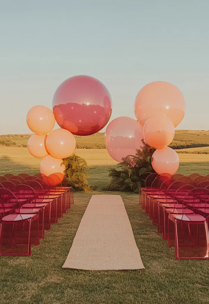 A wedding ceremony setup in a field with rows of pink transparent chairs lining a burlap aisle runner.  Large pink and red balloons are arranged in a whimsical archway, creating a modern and colorful backdrop. Lush greenery frames the ceremony space, adding a touch of natural beauty to the scene.  The sky is a soft blue, hinting at a beautiful day.
