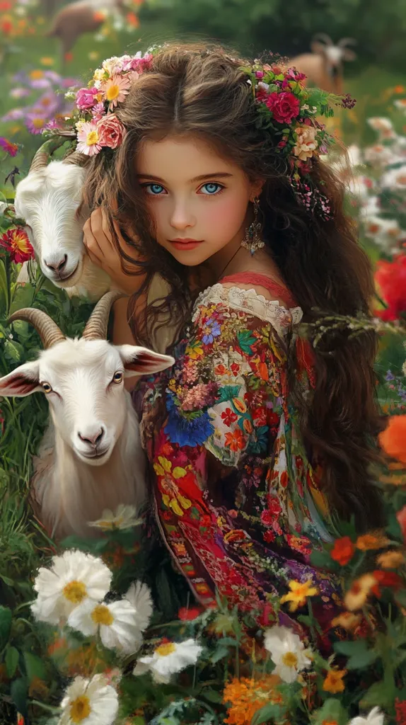 Realistic photo of a beautiful girl of 9 years old, dark long hair, blue eyes and cute smile, walking in a field with little goats, surrounded by flowers of white, red, yellow, green and brown colors, in the style of Tual de Jouy, in the style of Alphonse Maria Mucha, with floral patterns, thin neat contours --p srf4o1c --s 300 --ar 9:16 --v 6.1