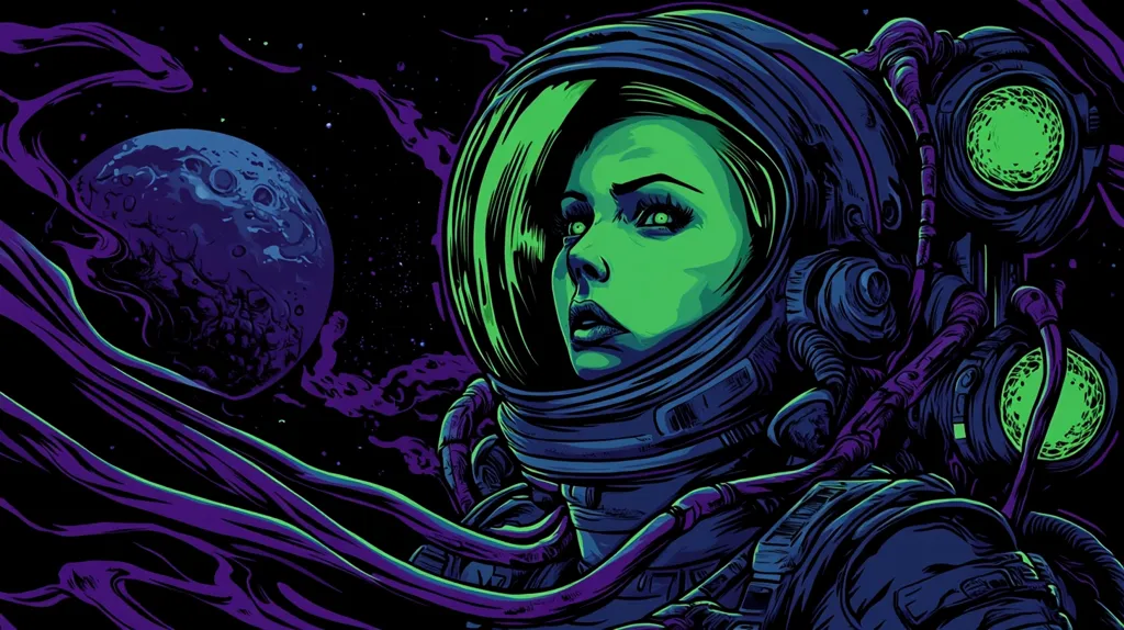 The image depicts a female astronaut in a futuristic, detailed spacesuit. Her green-glowing face and helmet visor suggest a sci-fi aesthetic. The background features a dark, swirling nebula, a large moon, and a field of stars. The overall color palette is dark and mysterious, with contrasting blue and green accents. The image has a sense of wonder and intrigue.