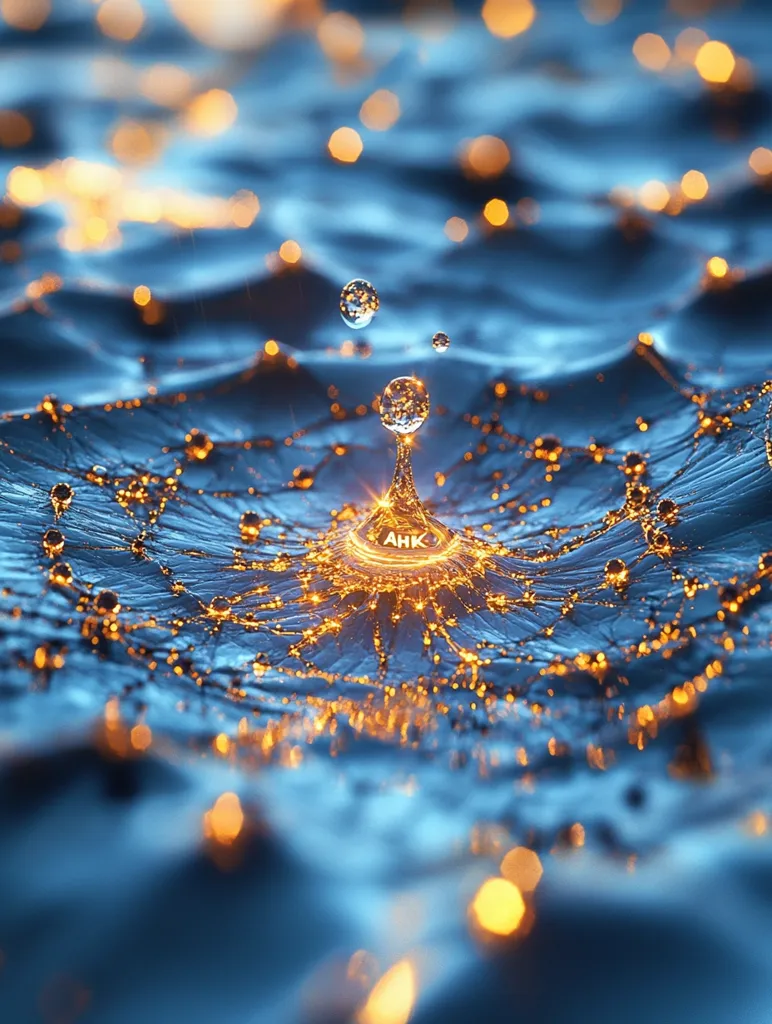 A single water droplet falls into a pool of water, creating a stunning, abstract ripple effect. The water is illuminated by a golden glow, making the droplets and ripples sparkle with light. The image is reminiscent of a celestial event, with the water acting as a celestial canvas.  The words "AHK" appear in the center of the ripple, adding a mysterious and symbolic element to the scene.  The image is captivating and evokes a sense of wonder and tranquility.