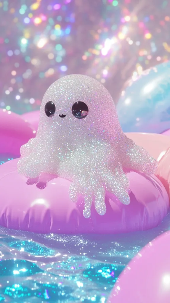 A sparkling, white octopus with big, black eyes sits on a pink inflatable ring in a pool of iridescent water. The background is a blurred out, sparkly field of iridescent lights. The scene is whimsical and dreamlike.